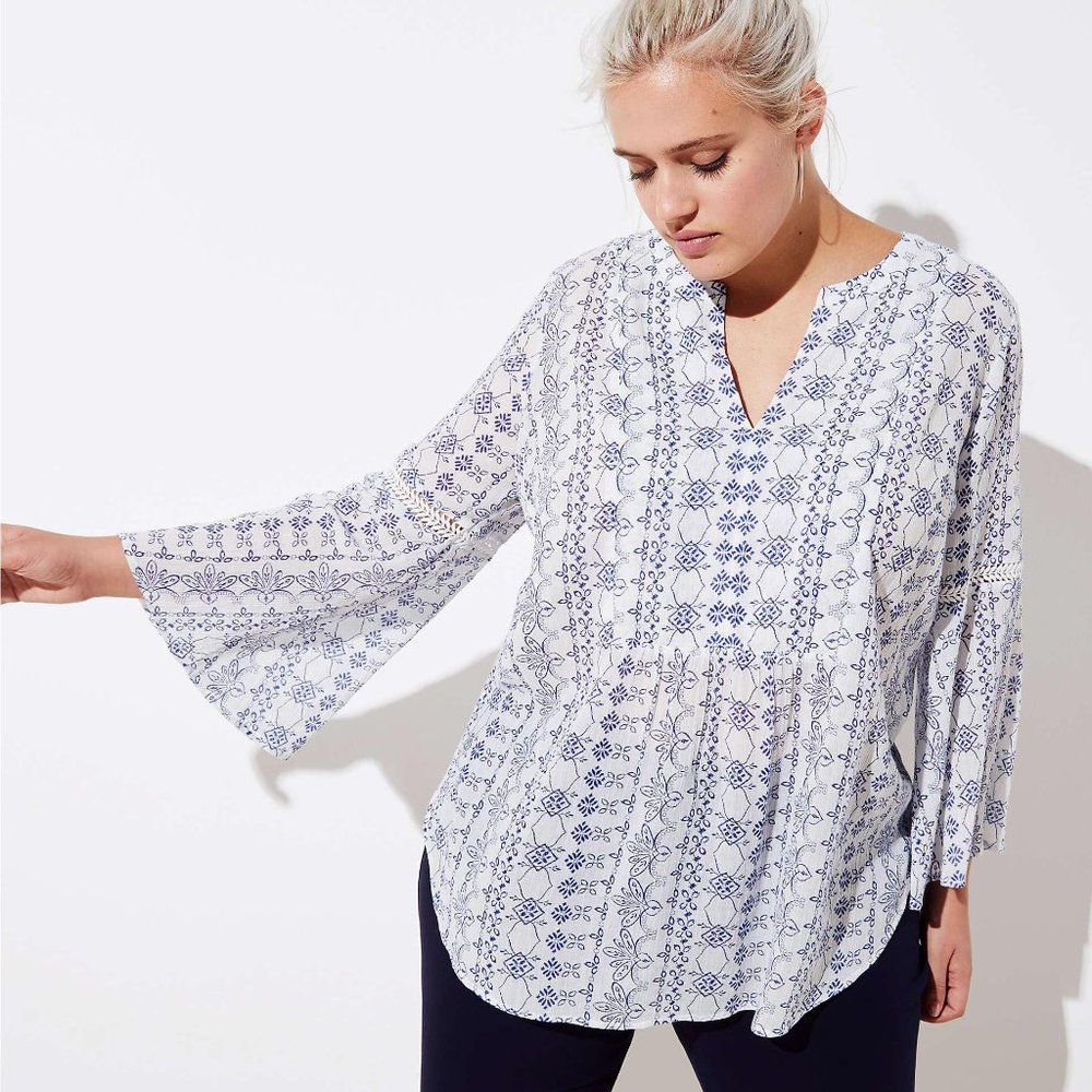 LOFT Gauzy Tunic in Blue/White Mosaic Print